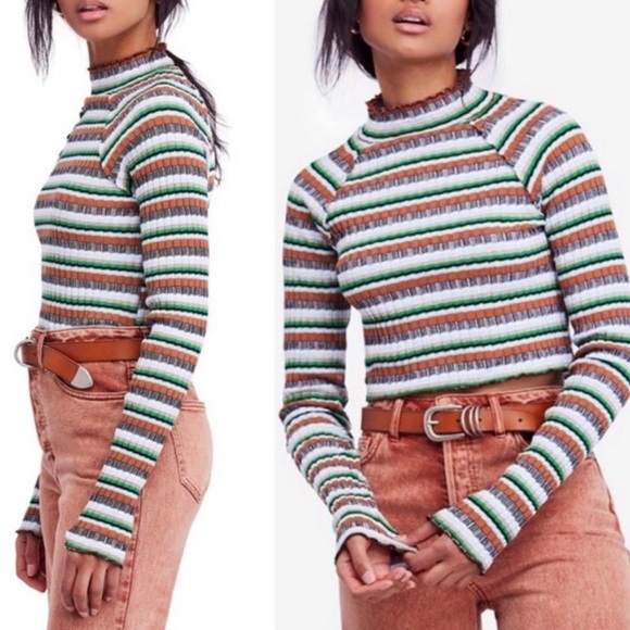 Free People Retro Mirror Blue Striped Mock Neck Ribbed Long Sleeve Crop Top Sz S - Picture 6 of 16